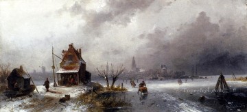 Charles Leickert Painting - Figures On A Frozen Lake landscape Charles Leickert